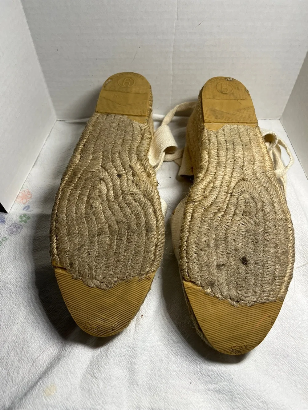 Valerie Stevens Cream Canvas Espadrille Wedge Sandals with Ankle Wraps